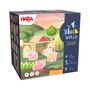 Text: HABA, My 1st Block World, Farm Life, First Roleplay, First Construction, FSC-certified, 1+, 17 PCS, Made in Germany.  
Illustration: Holztiere und Bauernhof.