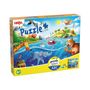 "Puzzle", "puzzle + learn", "ABC", "6+". Bunte Illustration mit fröhlichen Tieren in tropischer Landschaft und Vulkan.
