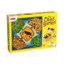 "Obstgarten" und "HABA" in roten und gelben Buchstaben. Darstellung: bunte Bäume mit Früchten, Körbe und ein Würfel.