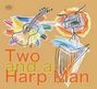 Text: "Two and a Harp Man". Bunte, abstrakte Zeichnungen von Gitarre, Schlagzeug und Harfe auf braunem Hintergrund.