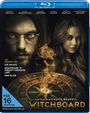 Text oben: Madison Iseman, Aaron Dominguez, Melanie Jarnson. Titel: "Witchboard". Vorderseite einer Blu-ray-Hülle.