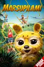 Text: MARSUPILAMI, VORAB COVER.  

Ein lächelndes, gelbes Tier mit großen Augen im Vordergrund; Menschen im Dschungel schwingen an seinem langen Schwanz.