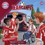 Logo: FC Bayern München. Text: TEAMCAMPUS, Folge 45 Heimweh, Folge 46 Auf zwei Rädern. Illustration: Spieler begrüßen sich.