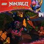 "NINJAGO DRAGONS RISING 84" in weißem Text. Zwei Lego-Figuren fliegen mit einem großen Hammer durch einen Wald.