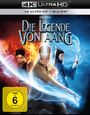 Text: "Die Legende von Aang", "4K Ultra HD + Blu-ray", "FSK ab 6 freigegeben". Drei kämpfende Figuren mit Feuer und Wasser.