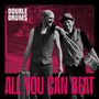 "DOUBLE DRUMS" und "ALL YOU CAN BEAT" stehen auf einem schwarz-roten Bild. Zwei Männer tragen Westen und halten Trommelstöcke.