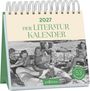 "2027 Der Literatur Kalender". Fünf Frauen lesen Bücher am Strand; Tisch mit Radio, Postkartenkalender-Logo.