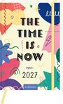 „THE TIME IS NOW 2027“. Bunte abstrakte Formen, darunter Blumen und geometrische Muster. Ein gelbes Band an der Seite.
