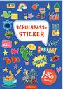 "Schulspaß-Sticker", "Let’s Party", "No!", "To Do", "Dance with me", "BOOOM!", "Have Fun", "Let's Go", bunte Illustrationen.