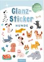 "Glanz-Sticker Hunde", "Über 200 schillernde Sticker". Illustration von bunten Hundestickern und Accessoires.
