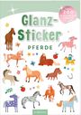 „Glanz-Sticker Pferde“ in großen, grünen Lettern. Bunte Pferdeillustrationen und kindliche Verzierungen.