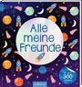 "Alle meine Freunde" und "Mit über 300 Stickern". Illustration von Raketen, Planeten und Sternen im Weltraum.