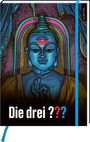 "Die drei ???" und "myNOTES". Illustration eines blauen Buddhas mit rotem dritten Auge.