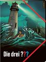 „Die drei ???“ im unteren Bereich. Illustration eines Leuchtturms, Wellen, Schatten eines Menschen und wolkiger Himmel.