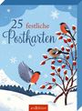 "25 festliche Postkarten", oben Schnee und Berge, zwei Dompfaffen auf einem Zweig, einer im Flug. Unten Logo: arsEdition.