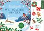 "Wundervolle Weihnachtssticker" und "über 200 illustrierte Sticker". Winterlandschaft mit Vögeln, Hasen und Weihnachtssymbolen.