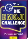 „Die Emoji Challenge“ in gelbem und weißem Text. „Wer knackt den Code?“ darunter. Logo von arsEdition. Herz- und Kuss-Emojis.