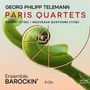"GEORG PHILIPP TELEMANN PARIS QUARTETS" zeigt Spirale auf grünem Hintergrund, darunter "Ensemble BAROCKIN’ 3 CDs".
