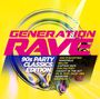 "GENERATION RAVE", "90s PARTY CLASSICS EDITION", Namen wie Gigi D'Agostino, Whigfield. Buntes, abstraktes Design mit Gelb.