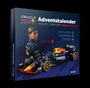 Adventskalender von Oracle Red Bull Racing. Ein Rennwagen und ein Fahrer im Hintergrund. Farbe: Blau mit roten Akzenten.