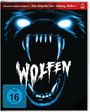 "WOLFEN" in zackiger Schrift. Davor das furchteinflößende Gesicht eines Wolfes mit leuchtenden Augen und gefletschten Zähnen. FSK 16.