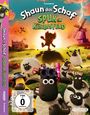 Oben: „Shaun das Schaf: Spuk im Kürbisfeld“. Comicfiguren, Schafe in Halloween-Kostümen auf einem Feld vor Sonnenuntergang.