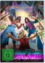 Text: "Von den Machern von Der gestiefelte Kater", "DreamWorks", "FORGOTTEN ISLAND". Drei fröhliche Figuren jubeln unter Palmen.