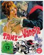 „Tanz der Vampire“, FSK ab 12 freigegeben. Illustration: Vampir greift erschrockene Frau an, unten Comicfiguren.