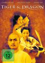 Oben stehen die Namen Chow Yun Fat, Michelle Yeoh, Zhang Ziyi. Mittig: "Tiger & Dragon". Drei Personen in gelber Robe.