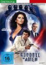 Filmplakat: "GOODBYE UND AMEN". Oben Schauspielernamen, unten FSK 16. Drei Figuren, ein Mann mit Pistole im Vordergrund.