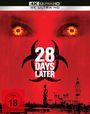 "28 Days Later", "FSK ab 18", "4K Ultra HD". Rote Augen mit Infektionssymbol, unten schwarze Skyline mit Figur.