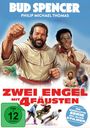 Oben „Bud Spencer, Philip Michael Thomas.“ Darunter „Zwei Engel mit 4 Fäusten.“ Illustration von zwei lachenden Männern in Mönchskutten.
