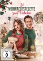 "24 Weihnachtsrezepte zum Verlieben". Zwei lächelnde Menschen in weihnachtlicher Küche, sie mit Schürze und Mixer.