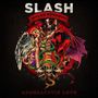 "SLASH", "MYLES KENNEDY AND THE CONSPIRATORS", "APOCALYPTIC LOVE". Zwei Figuren, Engel und Teufel, mit Schlangen um Gitarre.