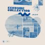 "Kerriside Collection", "Cue Blue". Eine Collage in Blautönen mit Wellenmotiv und Surfer am Strand.