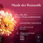 "Musik der Romantik" steht auf einem roten Hintergrund mit Blumen in Pastellfarben.