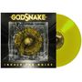 Text: "GODSNAKE" oben, "INHALE THE NOISE" unten. Gelbe Vinyl-Schallplatte mit Schlangenmuster und Glasbruch-Effekt.