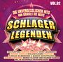 Titel: Schlager Legenden. Text: Die unvergesslichen Hits von damals bis heute. Namen: Die Flippers, Gunter Gabriel, Vicky Leandros. Hintergrund: Pink mit Sternen.