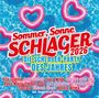 Text: „Sommer, Sonne, Schlager 2026“, „Die Schlager-Party des Jahres“. Hintergrund: Blaue Pool-Oberfläche mit pinken Herz-Luftmatratzen.