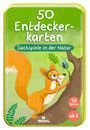 "50 Entdeckerkarten", "Suchspiele in der Natur". Ein neugieriges Eichhörnchen betrachtet einen Käfer durch eine Lupe.