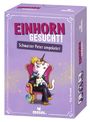 „EINHORN GESUCHT! Schwarzer Peter umgekehrt“ steht in großen Buchstaben. Ein Einhorn sitzt auf einem Thron.