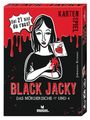 "KARTENSPIEL. Bei 21 bist du raus! BLACK JACKY. Illustration: Frau mit Karte, schwarzer Hintergrund, rote Akzente."