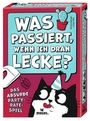 "Was passiert, wenn ich dran lecke?" steht groß auf einer Verpackung. Eine lächelnde Katze mit Partyhut ist illustriert.