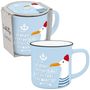 : Becher in Emmailoptik "Einen großen Kaffee bitte und ein Taxi zum Meer", Div.
