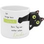 „Ich bringe kein Unglück. Dein Tag war vorher schon Kacke.“ Schwarze Katzendekoration auf einer weißen Tasse.