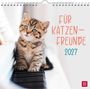 Text: "FÜR KATZENFREUNDE 2027". Ein süßes Kätzchen sitzt auf einer Klaviertastatur. Oben eine Spiralbindung.