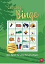 „Camping-Bingo“. „Draußen schmeckt's einfach besser!“. „Wer spült heute ab?“. „Schuhe aus!“. „50 Blätter zum direkt Loslegen“. Enthält Illustrationen von Campingutensilien auf grünem Hintergrund.