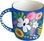 Eine Tasse mit einem blauen Hintergrund, verziert mit bunten Blumen und Blättern.