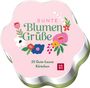 "BUNTE Blumen Grüße. 25 Gute-Laune Kärtchen." Pastellfarbene Dose mit bunten Blumen.