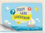 "STADT LAND KOMMUNION", Illustration mit Segelboot, Taube, Sonne und Meer. Bunte Sprechblasen und fröhlicher Smiley.